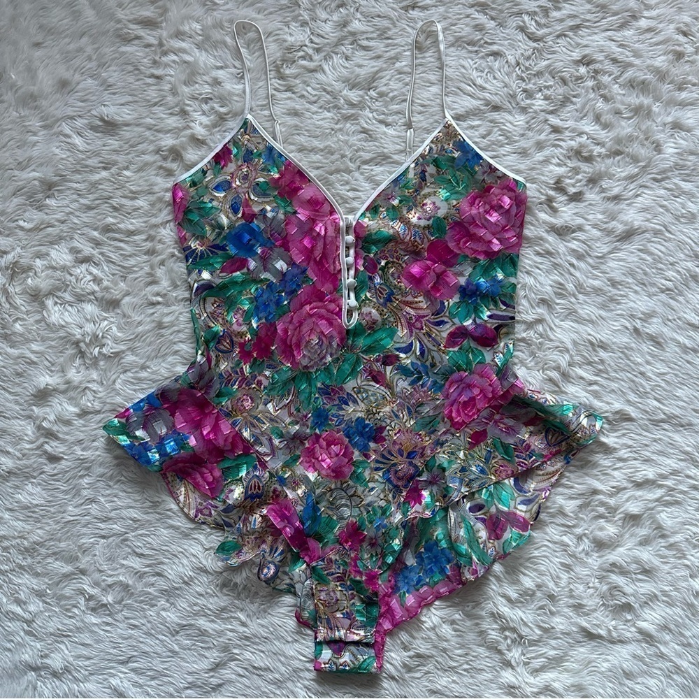 Victoria's Secret Teddy Bodysuit Vintage Gold Label Lingerie Sheer Floral Sz M